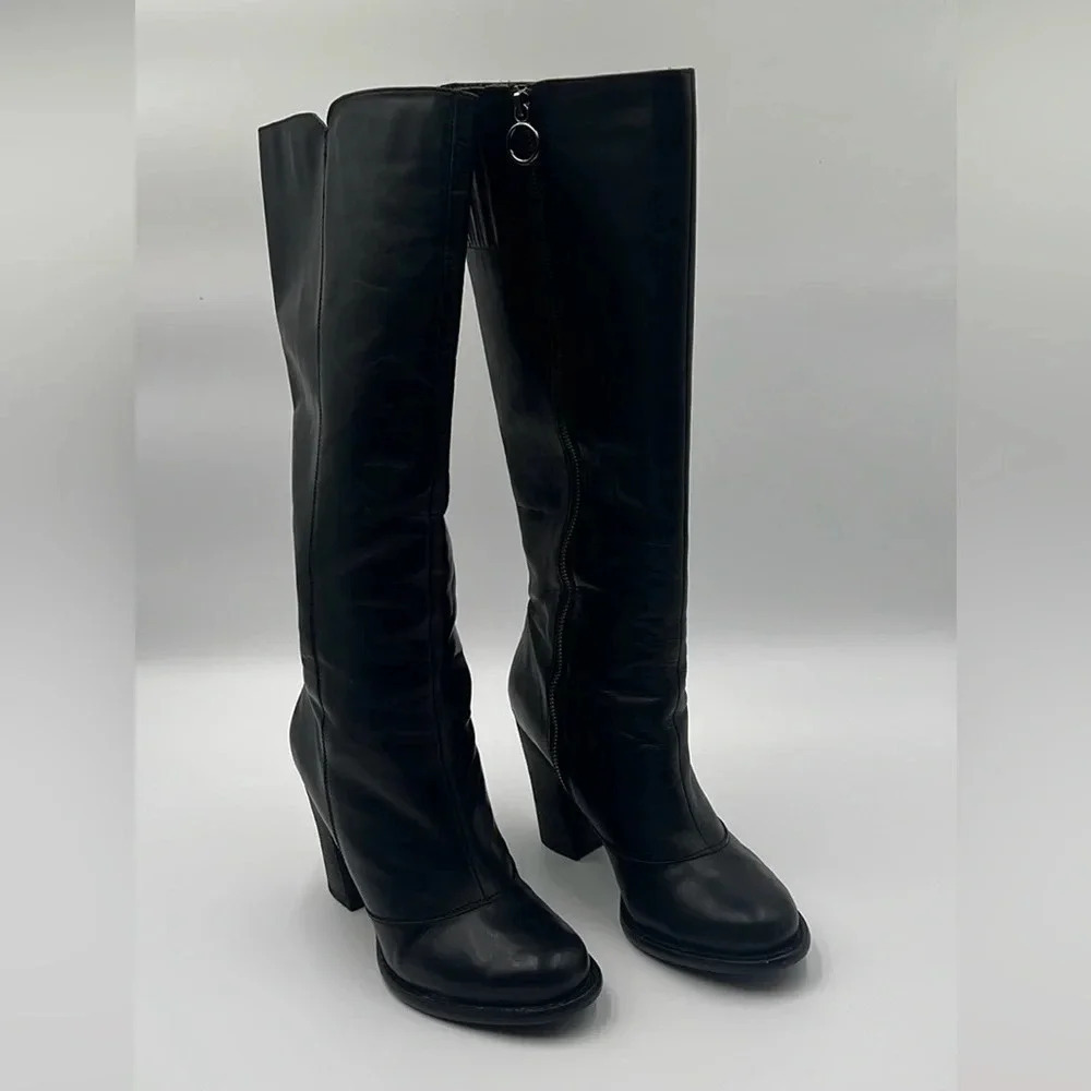 BCBG Generation Knee High Black Block Heel Mob Wife Rocker Boots Women’s Sz 9.5